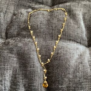 Gold Metal, CZ, and Amber Necklace